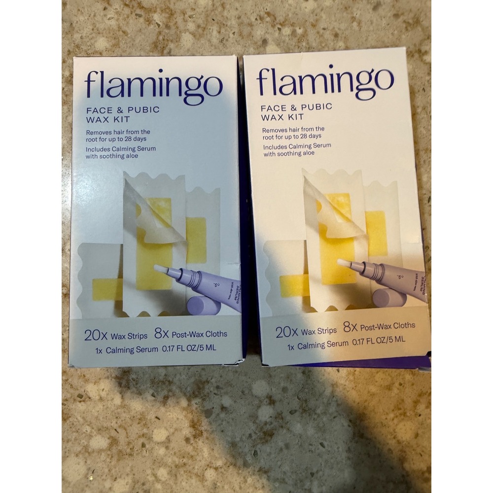 2 Pack Flamingo Face and Pubic Wax Kit 20 Wax Strips Calming Serum Aloe Cloths